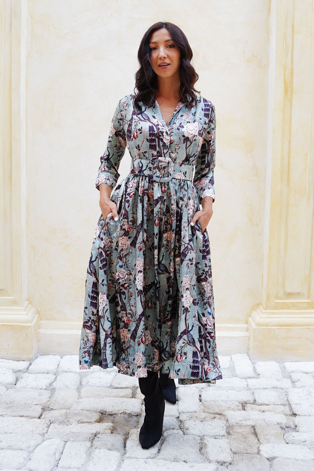 Terry Dress Shirt Collar 3/4 Sleeve Midi Plus Length Poliamide Taffta (Paradiso)