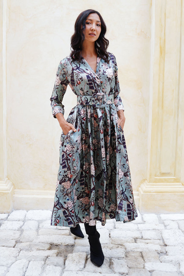 Terry Dress Shirt Collar 3/4 Sleeve Midi Plus Length Poliamide Taffta (Paradiso)