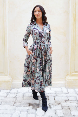 Terry Dress Shirt Collar 3/4 Sleeve Midi Plus Length Poliamide Taffta (Paradiso)