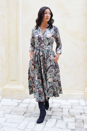 Terry Dress Shirt Collar 3/4 Sleeve Midi Plus Length Poliamide Taffta (Paradiso)