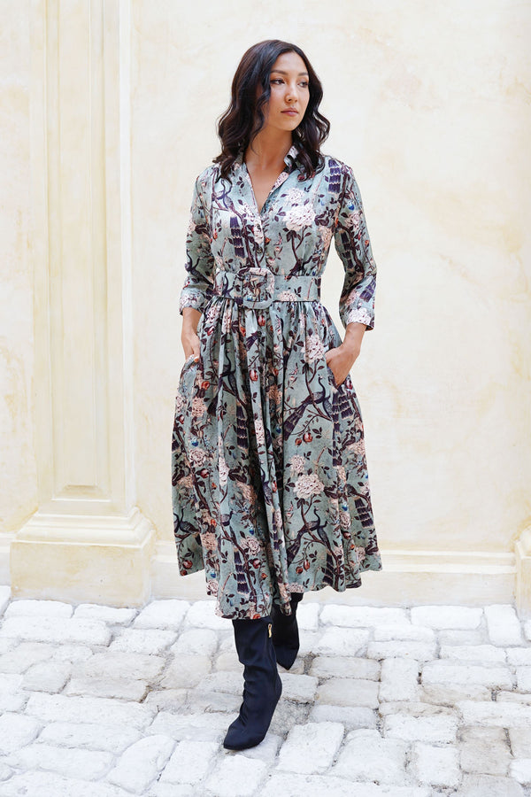 Terry Dress Shirt Collar 3/4 Sleeve Midi Plus Length Poliamide Taffta (Paradiso)