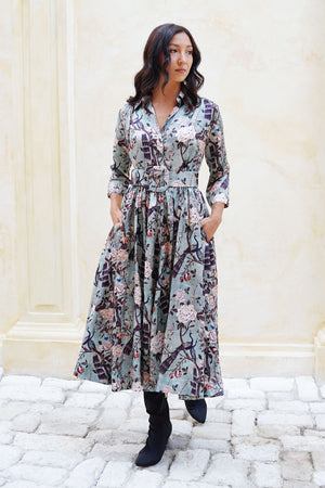 Terry Dress Shirt Collar 3/4 Sleeve Midi Plus Length Poliamide Taffta (Paradiso)