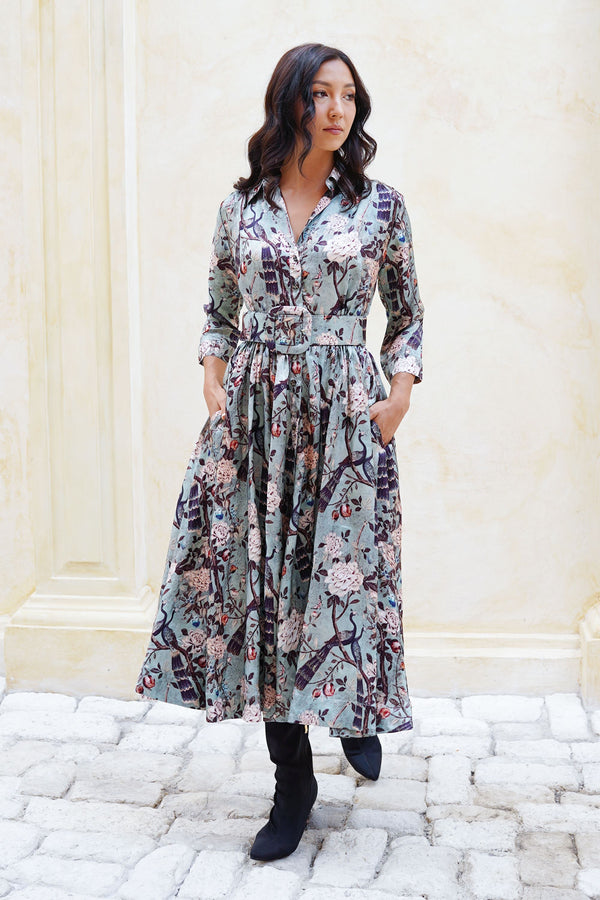 Terry Dress Shirt Collar 3/4 Sleeve Midi Plus Length Poliamide Taffta (Paradiso)