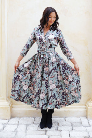 Terry Dress Shirt Collar 3/4 Sleeve Midi Plus Length Poliamide Taffta (Paradiso)