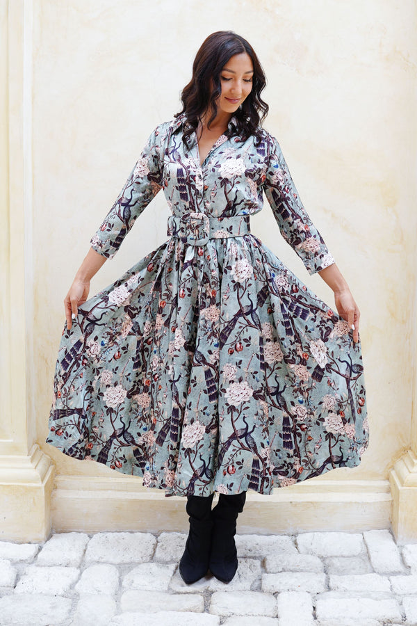 Terry Dress Shirt Collar 3/4 Sleeve Midi Plus Length Poliamide Taffta (Paradiso)