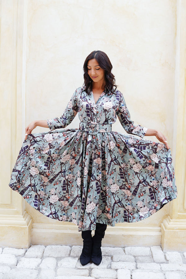 Terry Dress Shirt Collar 3/4 Sleeve Midi Plus Length Poliamide Taffta (Paradiso)