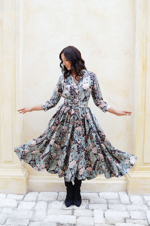 Terry Dress Shirt Collar 3/4 Sleeve Midi Plus Length Poliamide Taffta (Paradiso)