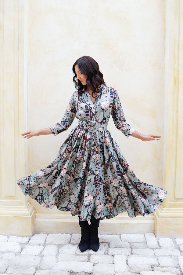 Terry Dress Shirt Collar 3/4 Sleeve Midi Plus Length Poliamide Taffta (Paradiso)