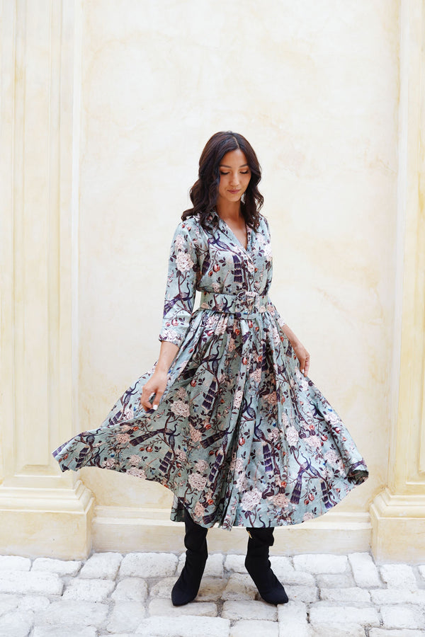 Terry Dress Shirt Collar 3/4 Sleeve Midi Plus Length Poliamide Taffta (Paradiso)