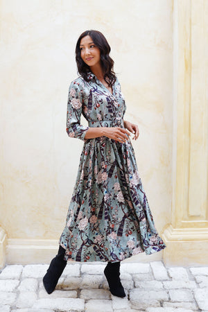 Terry Dress Shirt Collar 3/4 Sleeve Midi Plus Length Poliamide Taffta (Paradiso)