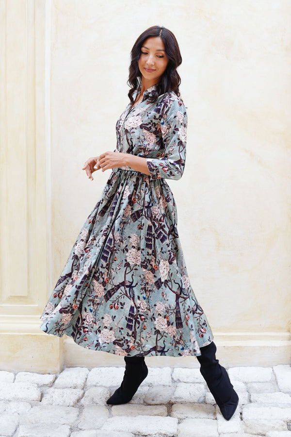 Terry Dress Shirt Collar 3/4 Sleeve Midi Plus Length Poliamide Taffta (Paradiso)