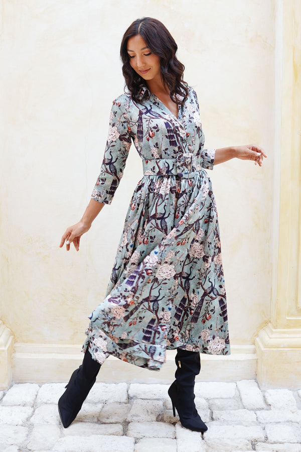 Terry Dress Shirt Collar 3/4 Sleeve Midi Plus Length Poliamide Taffta (Paradiso)