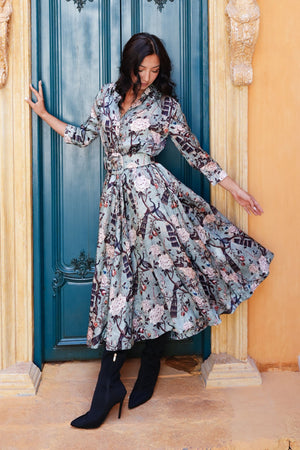 Terry Dress Shirt Collar 3/4 Sleeve Midi Plus Length Poliamide Taffta (Paradiso)