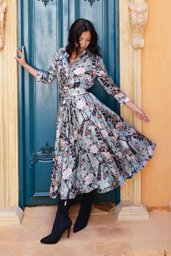 Terry Dress Shirt Collar 3/4 Sleeve Midi Plus Length Poliamide Taffta (Paradiso)