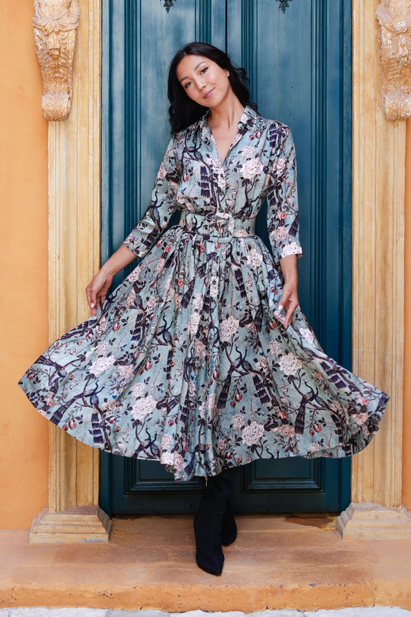 Terry Dress Shirt Collar 3/4 Sleeve Midi Plus Length Poliamide Taffta (Paradiso)