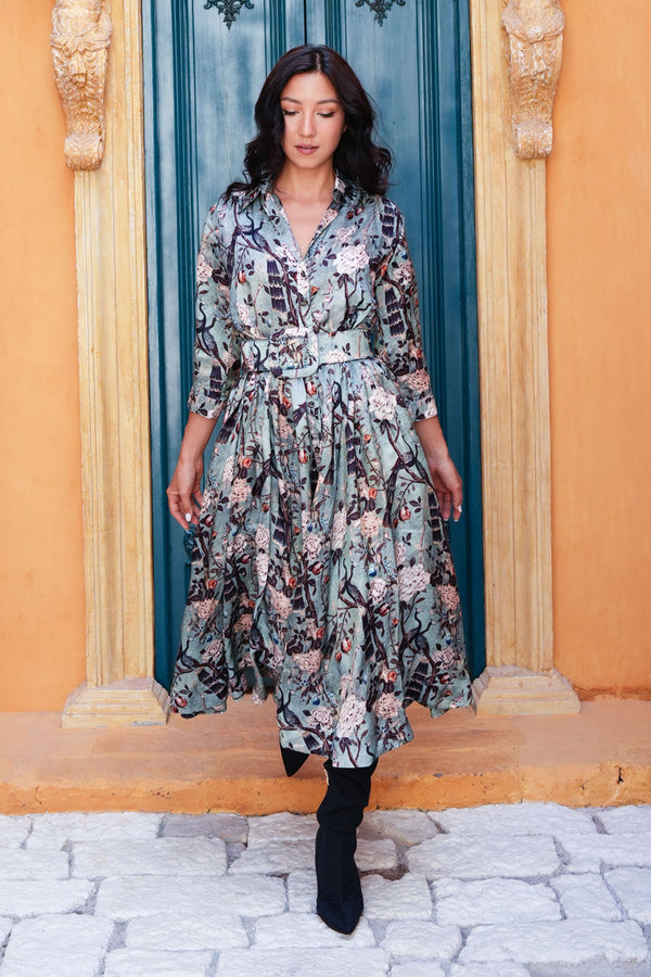 Terry Dress Shirt Collar 3/4 Sleeve Midi Plus Length Poliamide Taffta (Paradiso)