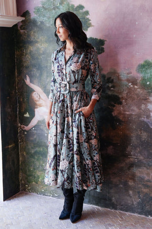 Terry Dress Shirt Collar 3/4 Sleeve Midi Plus Length Poliamide Taffta (Paradiso)