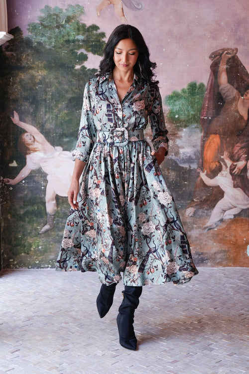 Terry Dress Shirt Collar 3/4 Sleeve Midi Plus Length Poliamide Taffta (Paradiso)