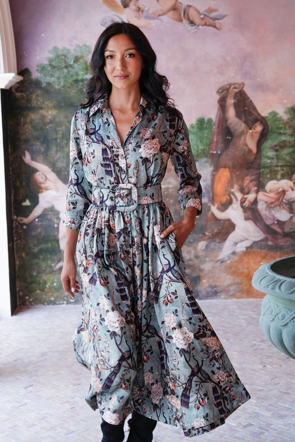 Terry Dress Shirt Collar 3/4 Sleeve Midi Plus Length Poliamide Taffta (Paradiso)