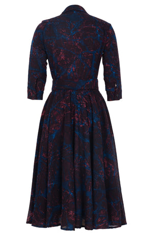 Amber Dress Shirt Collar 3/4 Sleeve Midi Length Wool (Palma Velvet) - Blue Burgundy