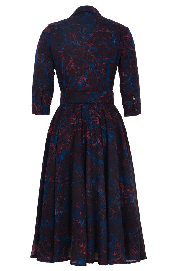 Amber Dress Shirt Collar 3/4 Sleeve Midi Length Wool (Palma Velvet) - Blue Burgundy
