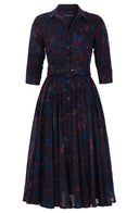 Amber Dress Shirt Collar 3/4 Sleeve Midi Length Wool (Palma Velvet) - Blue Burgundy