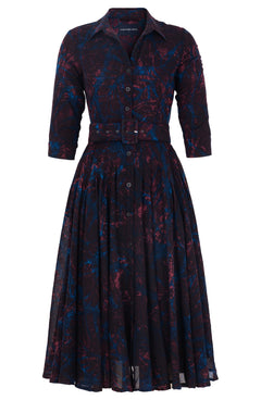Amber Dress Shirt Collar 3/4 Sleeve Midi Length Wool (Palma Velvet) - Blue Burgundy