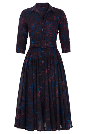 Amber Dress Shirt Collar 3/4 Sleeve Midi Length Wool (Palma Velvet) - Blue Burgundy