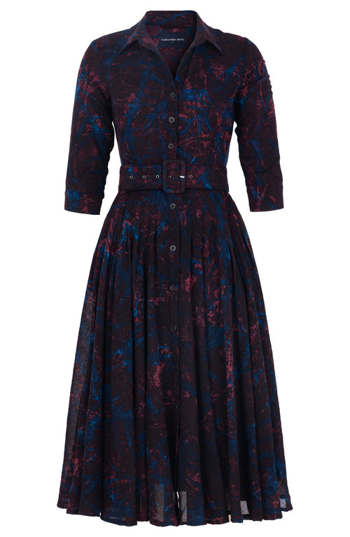 Amber Dress Shirt Collar 3/4 Sleeve Midi Length Wool (Palma Velvet) - Blue Burgundy