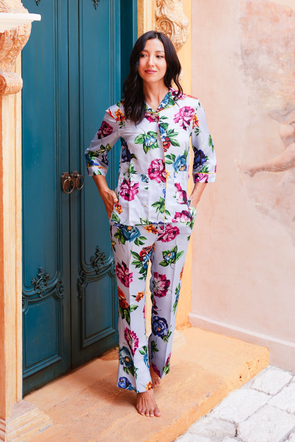Pajama Shirt & Pajama Pants Silk Twill (Pasitano Flower)