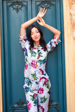Pajama Shirt & Pajama Pants Silk Twill (Pasitano Flower)