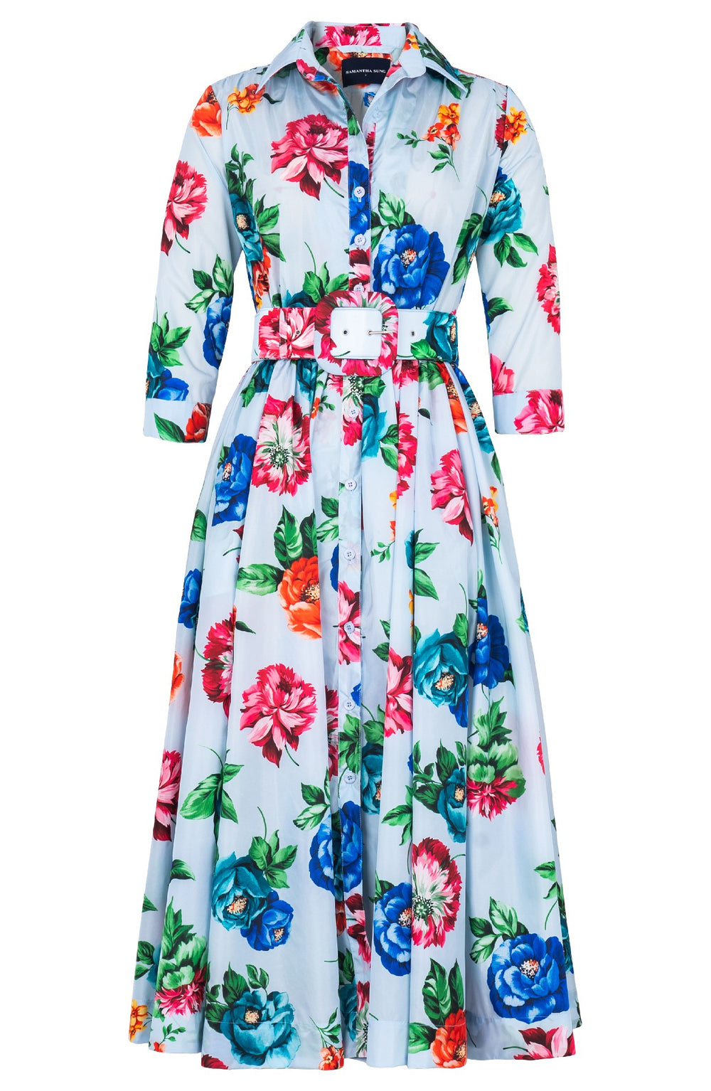 Terry Dress Shirt Collar 3/4 Sleeve Midi Plus Length Poliamide Taffta (Positano Flower Bright)
