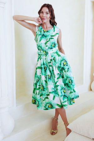 Rose Dress Crew Neck Sleeveless Long Length Cotton Stretch (Pastel Magnolia Ground)