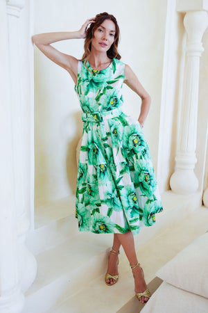 Rose Dress Crew Neck Sleeveless Long Length Cotton Stretch (Pastel Magnolia Ground)