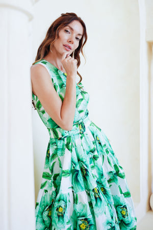 Rose Dress Crew Neck Sleeveless Long Length Cotton Stretch (Pastel Magnolia Ground)