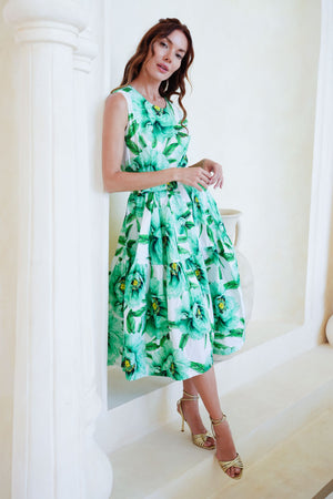 Rose Dress Crew Neck Sleeveless Long Length Cotton Stretch (Pastel Magnolia Ground)