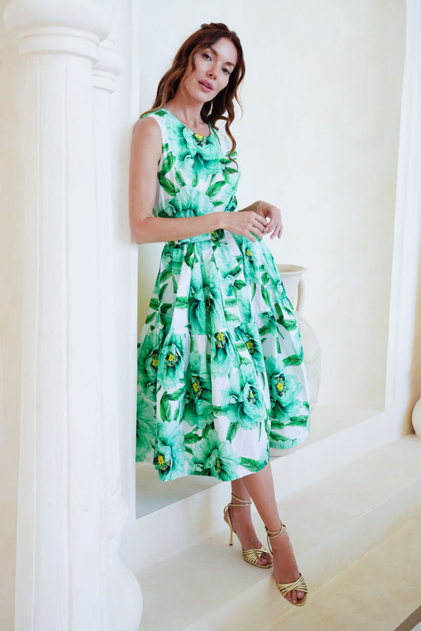 Rose Dress Crew Neck Sleeveless Long Length Cotton Stretch (Pastel Magnolia Ground)