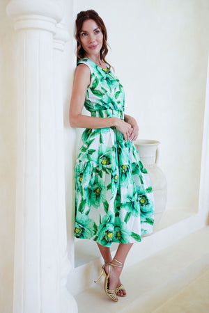 Rose Dress Crew Neck Sleeveless Long Length Cotton Stretch (Pastel Magnolia Ground)