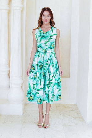 Rose Dress Crew Neck Sleeveless Long Length Cotton Stretch (Pastel Magnolia Ground)