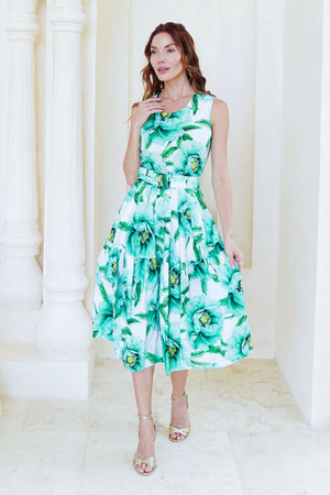 Rose Dress Crew Neck Sleeveless Long Length Cotton Stretch (Pastel Magnolia Ground)