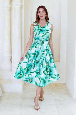 Rose Dress Crew Neck Sleeveless Long Length Cotton Stretch (Pastel Magnolia Ground)