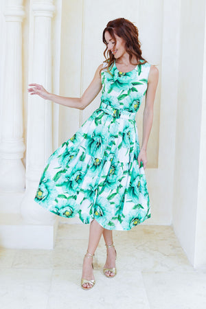 Rose Dress Crew Neck Sleeveless Long Length Cotton Stretch (Pastel Magnolia Ground)