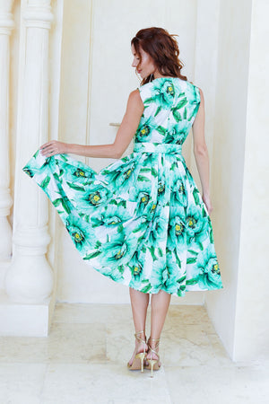 Rose Dress Crew Neck Sleeveless Long Length Cotton Stretch (Pastel Magnolia Ground)