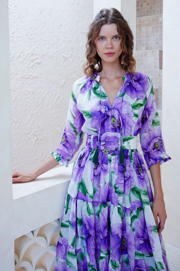 Eva Dress Crew Neck 3/4 Sleeve Maxi Length Cotton Musola (Pastel Magnolia White)