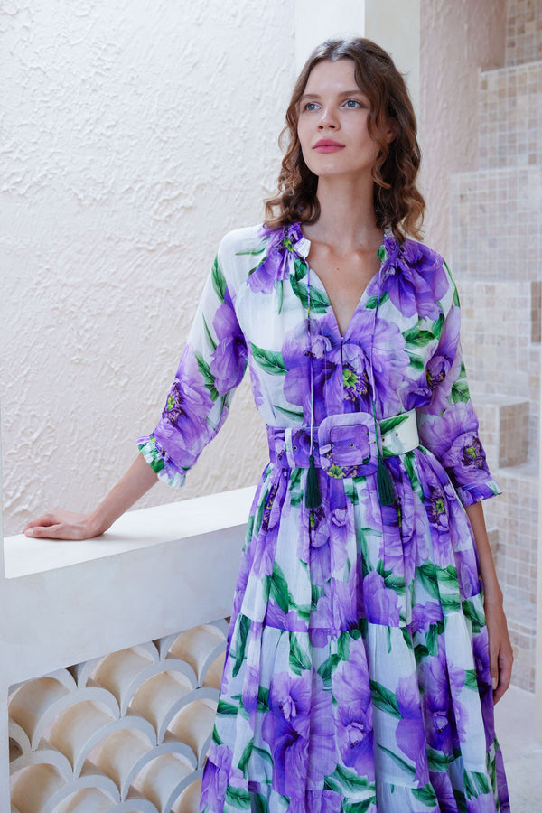 Eva Dress Crew Neck 3/4 Sleeve Maxi Length Cotton Musola (Pastel Magnolia White)