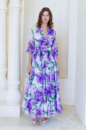 Eva Dress Crew Neck 3/4 Sleeve Maxi Length Cotton Musola (Pastel Magnolia White)