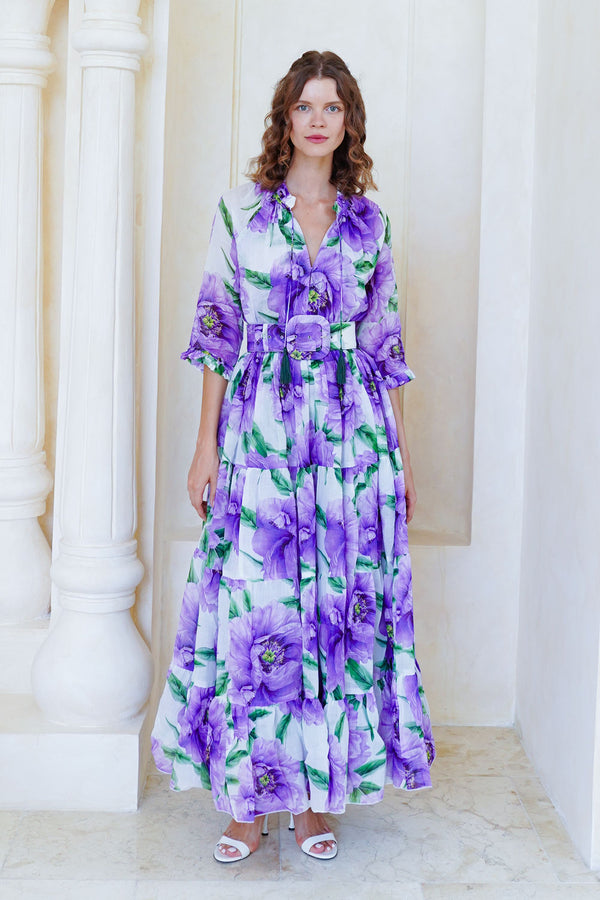 Eva Dress Crew Neck 3/4 Sleeve Maxi Length Cotton Musola (Pastel Magnolia White)