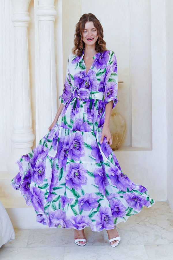 Eva Dress Crew Neck 3/4 Sleeve Maxi Length Cotton Musola (Pastel Magnolia White)