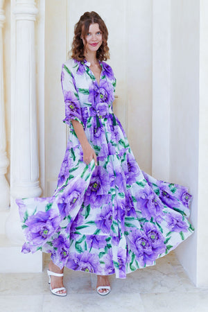 Eva Dress Crew Neck 3/4 Sleeve Maxi Length Cotton Musola (Pastel Magnolia White)