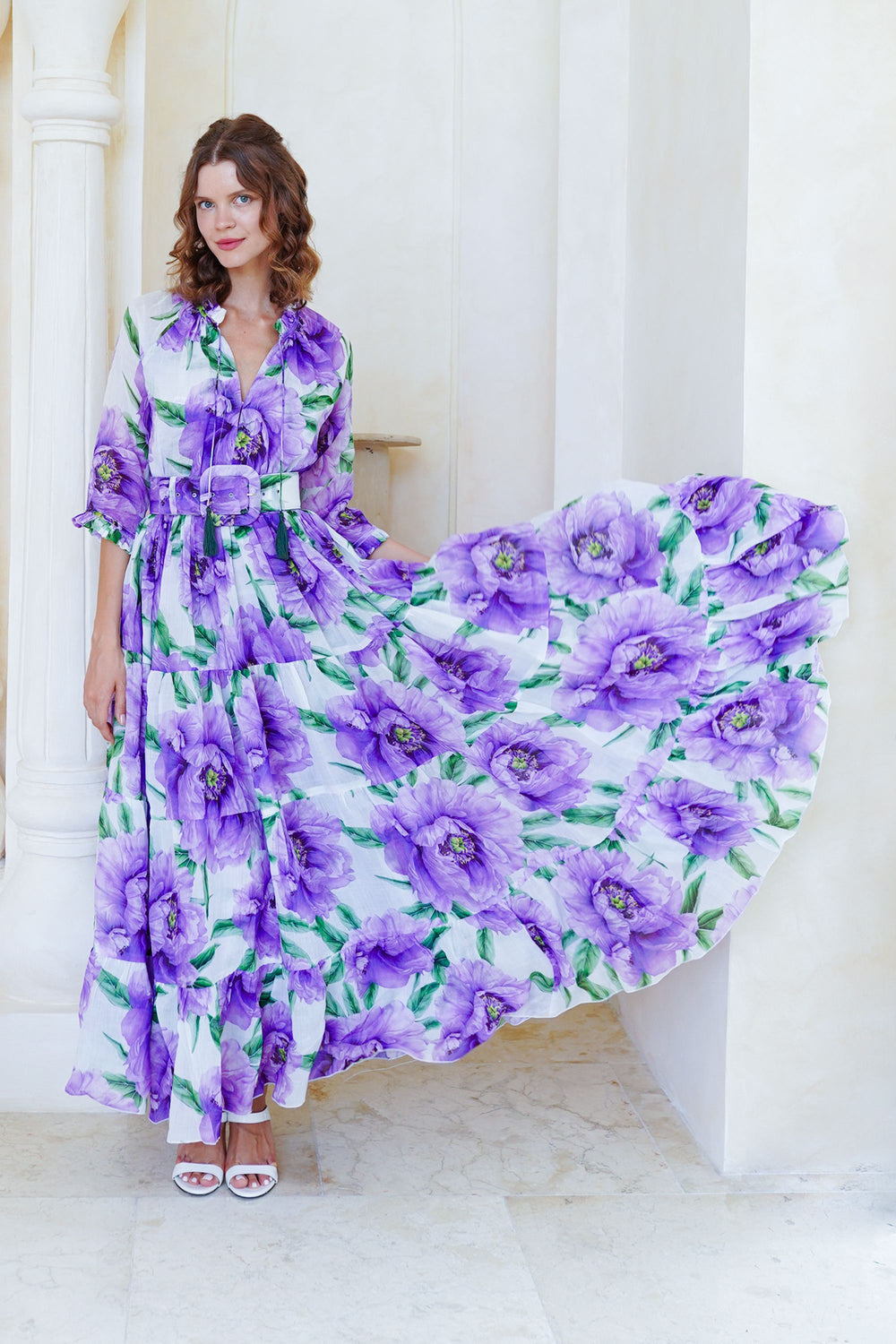 Eva Dress Crew Neck 3/4 Sleeve Maxi Length Cotton Musola (Pastel Magnolia White)